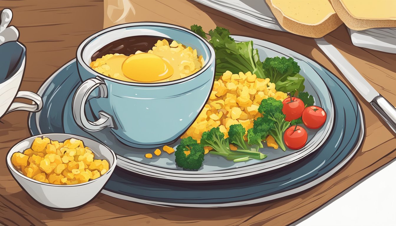 A colorful plate of scrambled eggs mixed with vibrant vegetables, accompanied by a side of whole grain toast and a steaming cup of black coffee