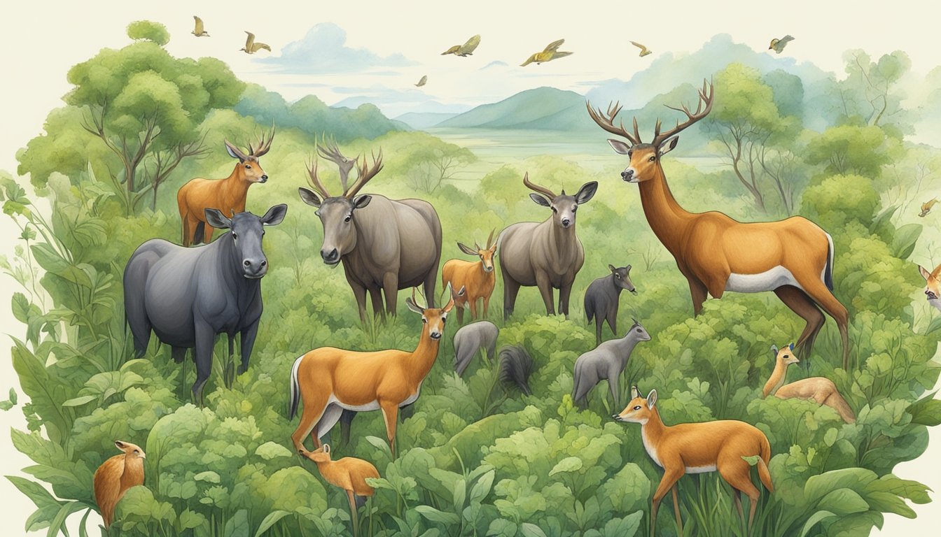 A group of animals gather around a lush patch of wild shoots, carefully plucking and harvesting the vibrant green vegetation in a communal foraging effort