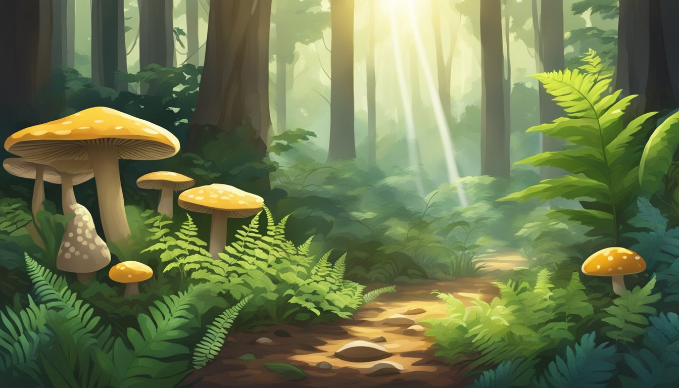 A lush forest floor with various types of ferns, mushrooms, and other foliage. Sunlight filters through the canopy, casting dappled shadows on the ground