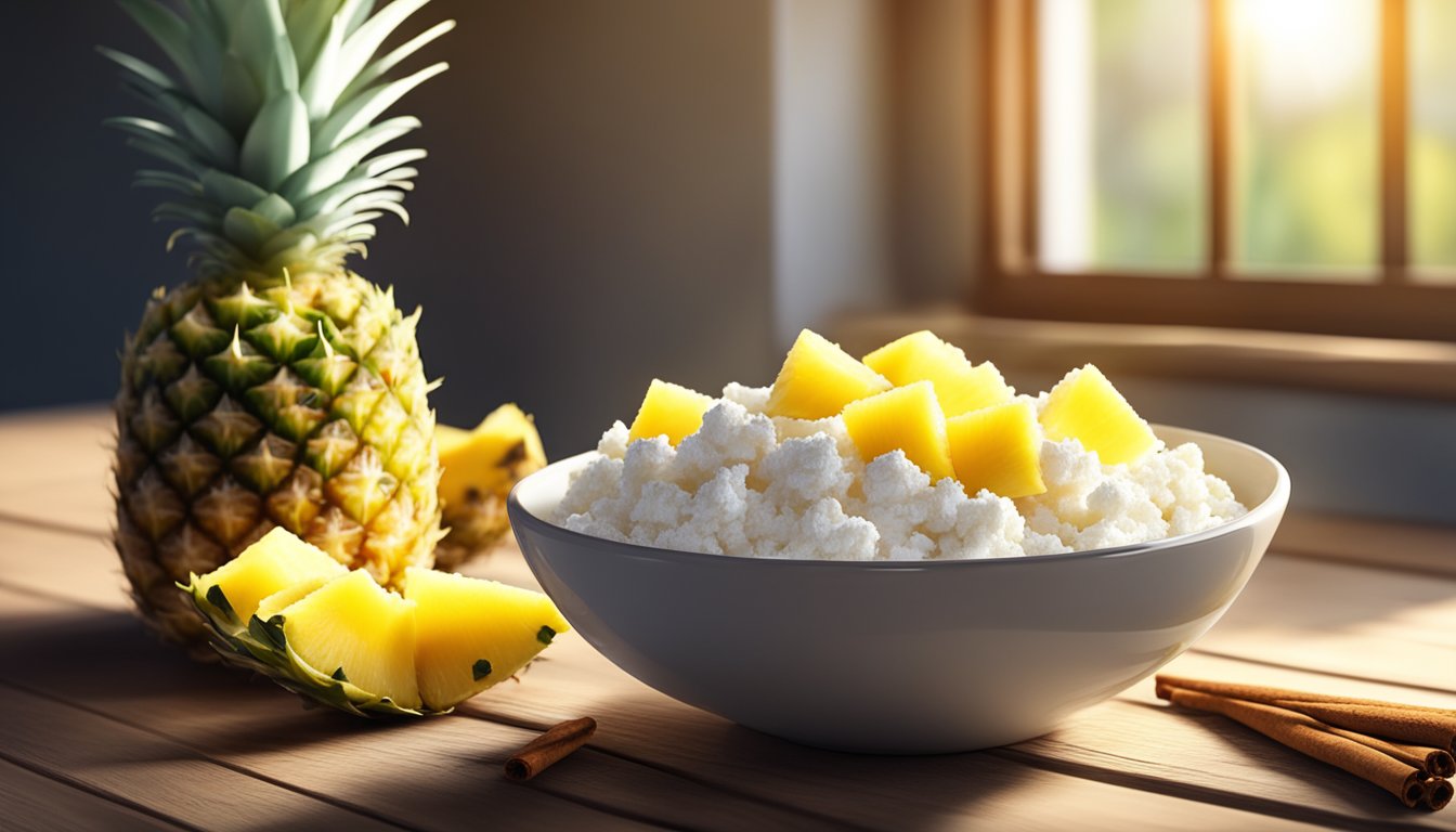 A bowl of cottage cheese topped with fresh pineapple and a sprinkle of cinnamon, placed on a rustic wooden table with a morning sunbeam streaming in through a nearby window