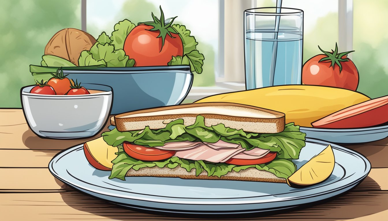 A colorful plate with a whole wheat turkey sandwich, sliced tomatoes, lettuce, and a side of fresh fruit. A glass of water sits next to the plate