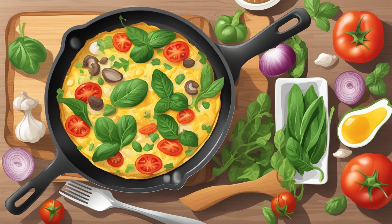 A colorful vegetable omelette sizzling in a non-stick skillet, surrounded by fresh ingredients like tomatoes, spinach, bell peppers, and mushrooms