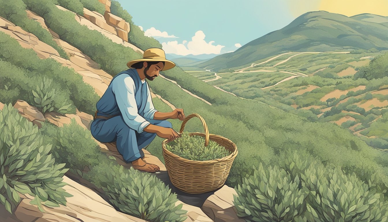 A figure gathers sage from a rocky, sun-drenched hillside, using a knife to carefully cut the aromatic leaves. Nearby, a basket sits half-full with the day's harvest