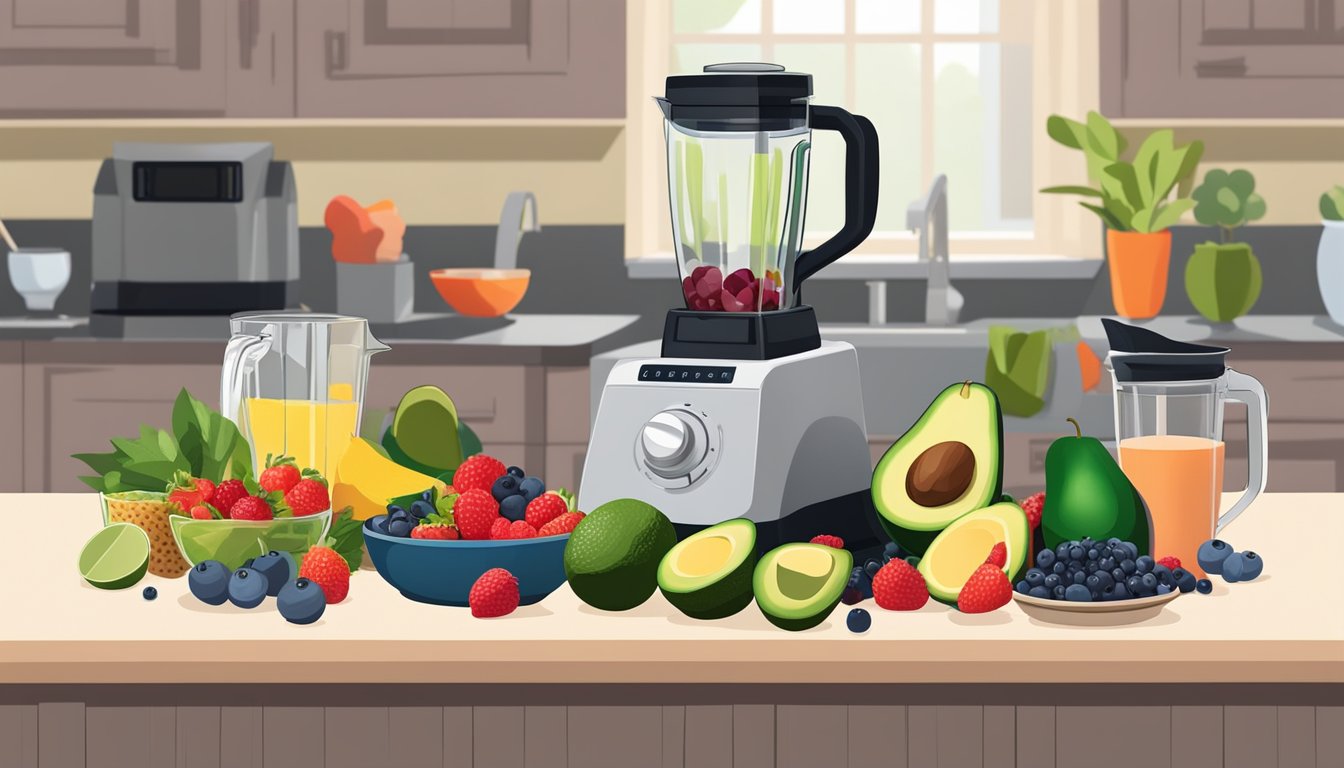 A colorful array of fresh berries and ripe avocados arranged on a kitchen counter, surrounded by a blender and various ingredients for a diabetes-friendly breakfast smoothie