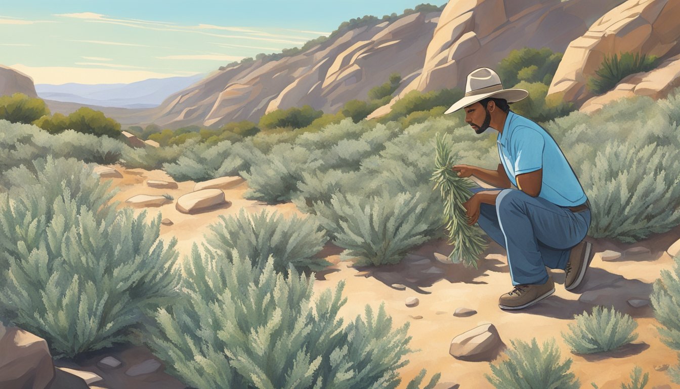 A person gathering wild Southern California sage in a rocky, sun-drenched landscape