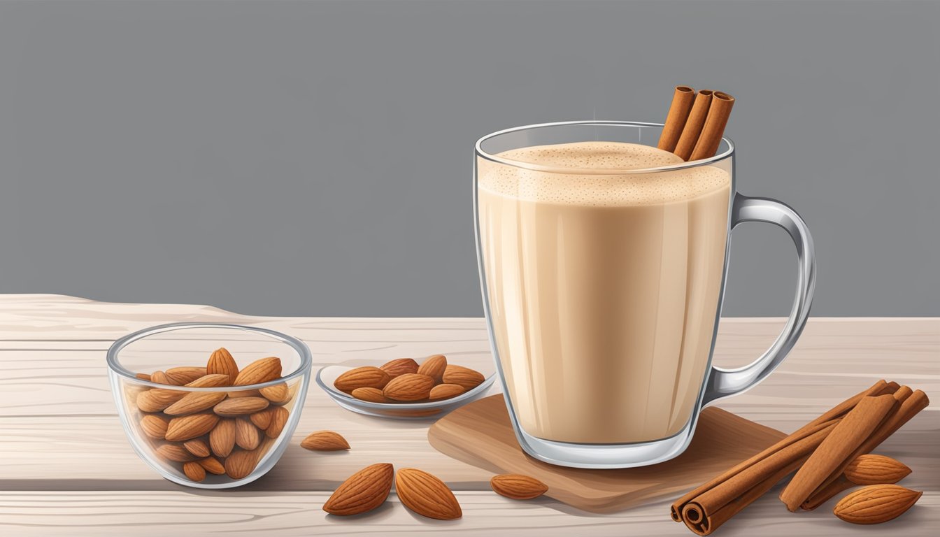 A glass filled with creamy cinnamon almond smoothie surrounded by fresh almonds and cinnamon sticks on a wooden table