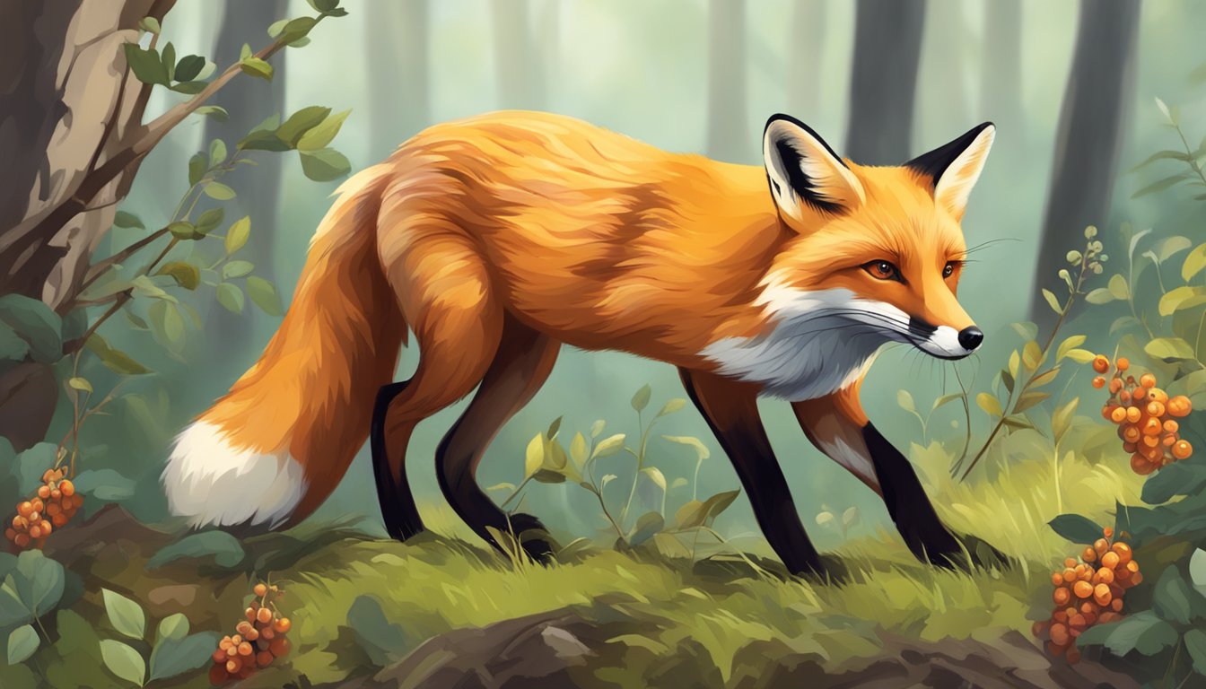 A fox sniffs and digs near a thicket of wild gallberries, plucking ripe ones and carrying them away in its mouth