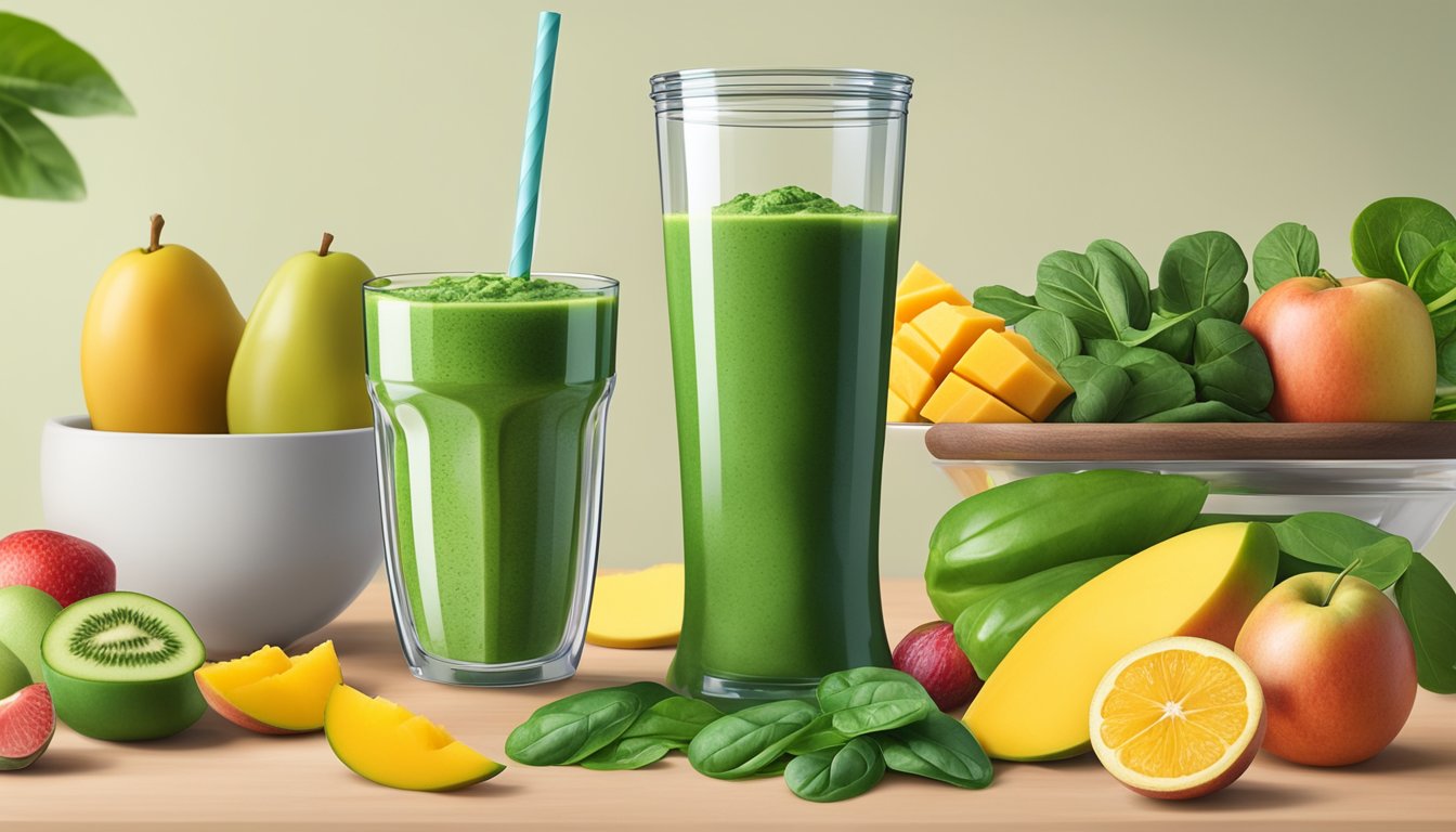 A blender filled with spinach, mango, and other ingredients, surrounded by fresh produce and a diabetes-friendly breakfast smoothie poured into a glass