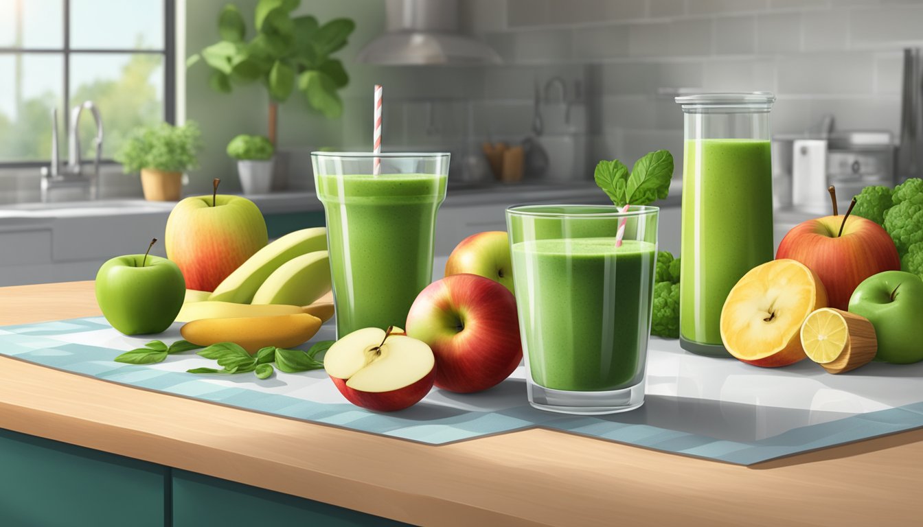 A glass filled with apple, ginger, and green smoothie, surrounded by fresh fruits and vegetables on a kitchen counter