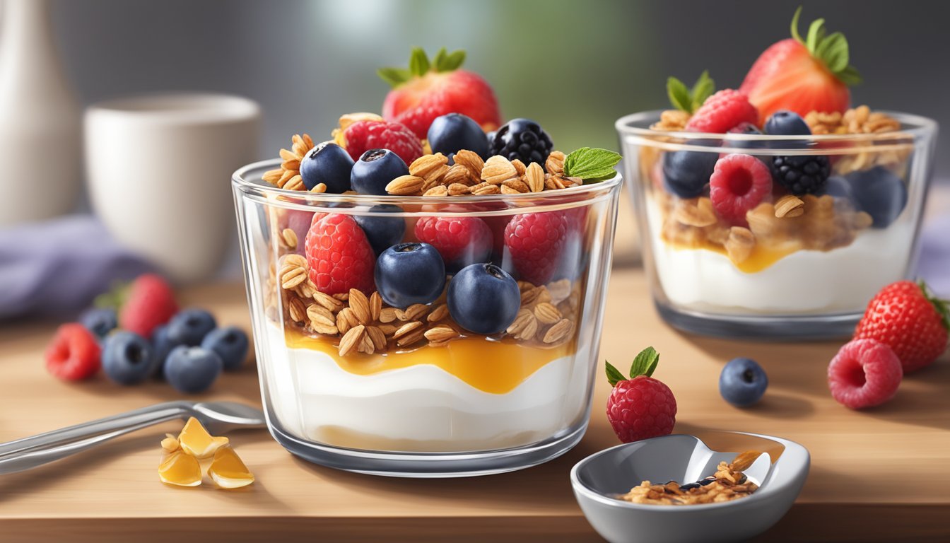 A glass parfait dish filled with layers of Greek yogurt, fresh berries, and crunchy granola, topped with a drizzle of honey