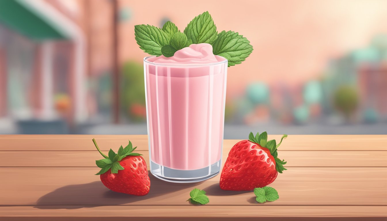 A glass filled with a creamy pink tofu strawberry shake, topped with fresh strawberries and a mint leaf, sitting on a wooden table