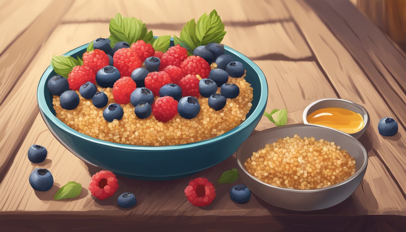 A colorful bowl filled with cooked quinoa, topped with fresh berries, sliced almonds, and a drizzle of honey, sitting on a rustic wooden table