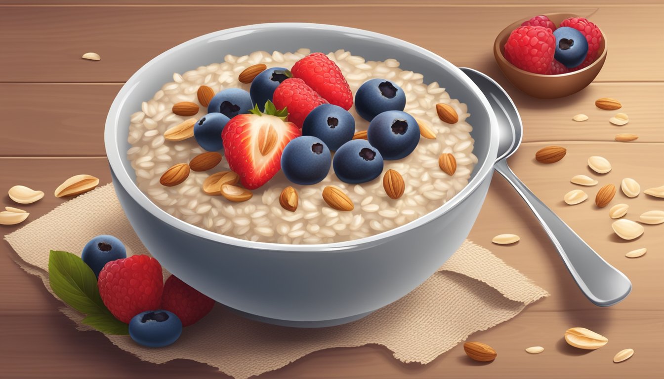 A bowl of oatmeal topped with fresh berries and a sprinkle of nuts, set on a wooden table with a spoon beside it