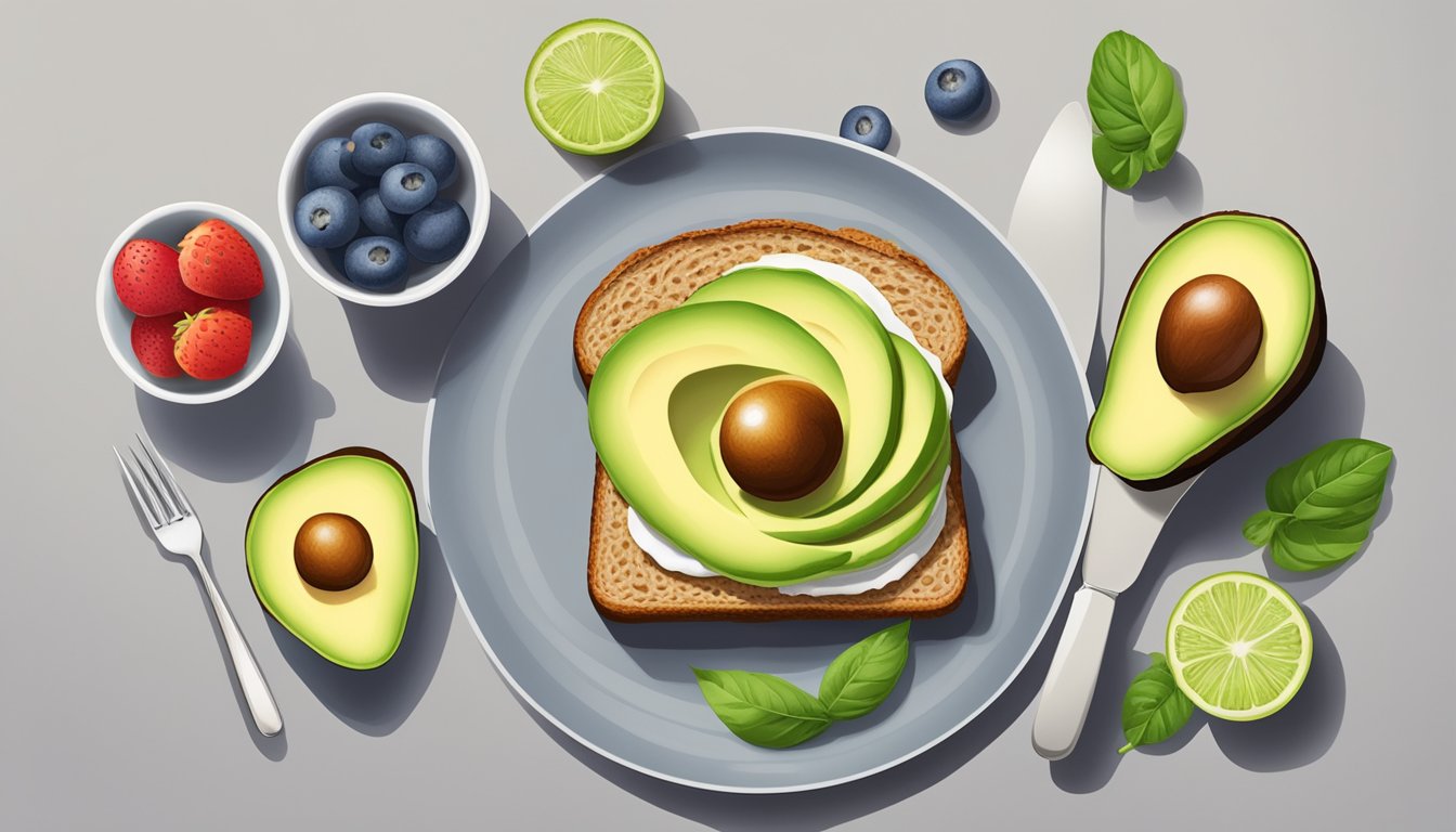 A plate with avocado toast on whole grain bread, accompanied by a side of fresh fruit