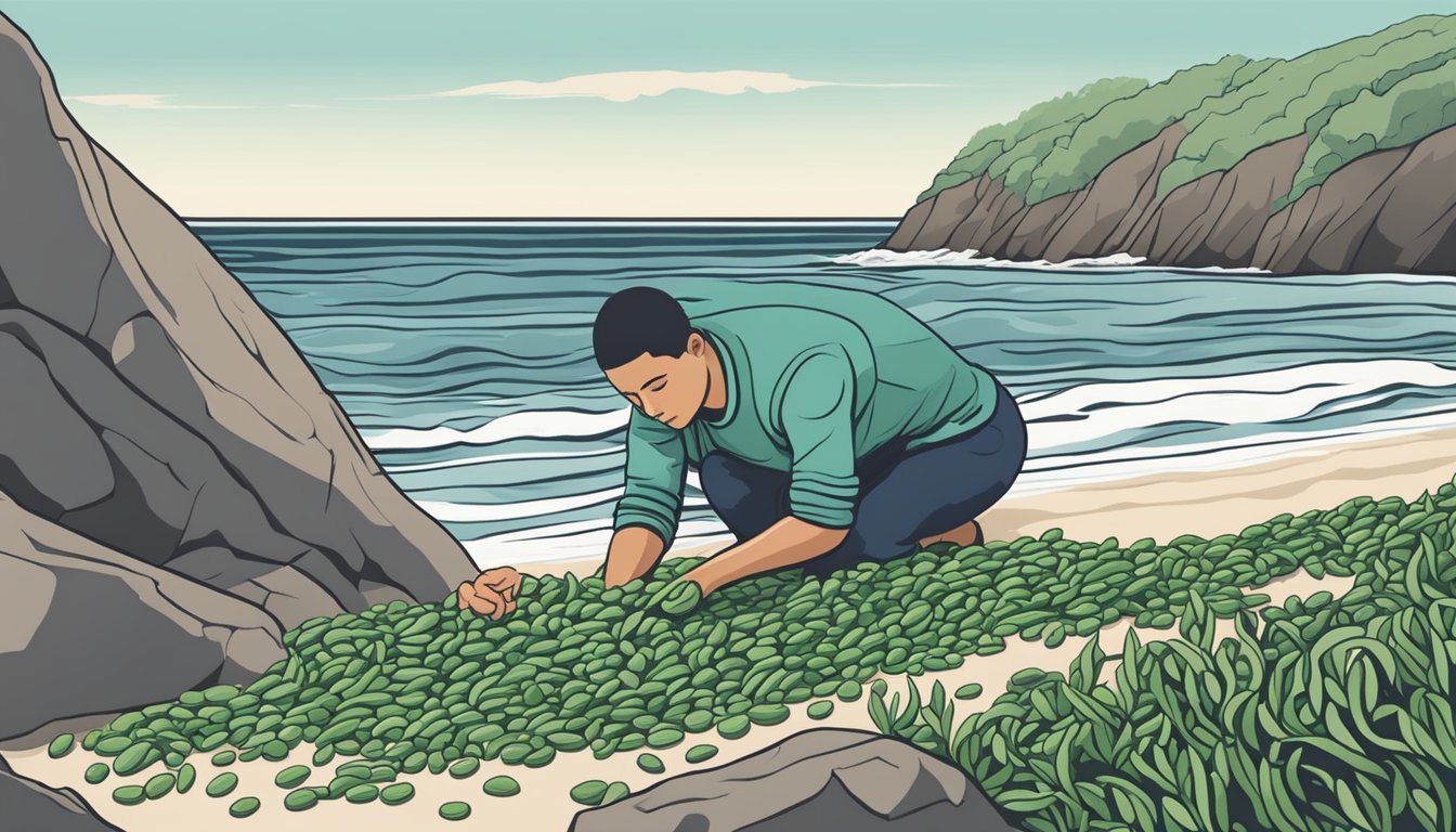 A person carefully collects wild sea beans from the coastal rocks, mindful of sustainability and ethical foraging practices