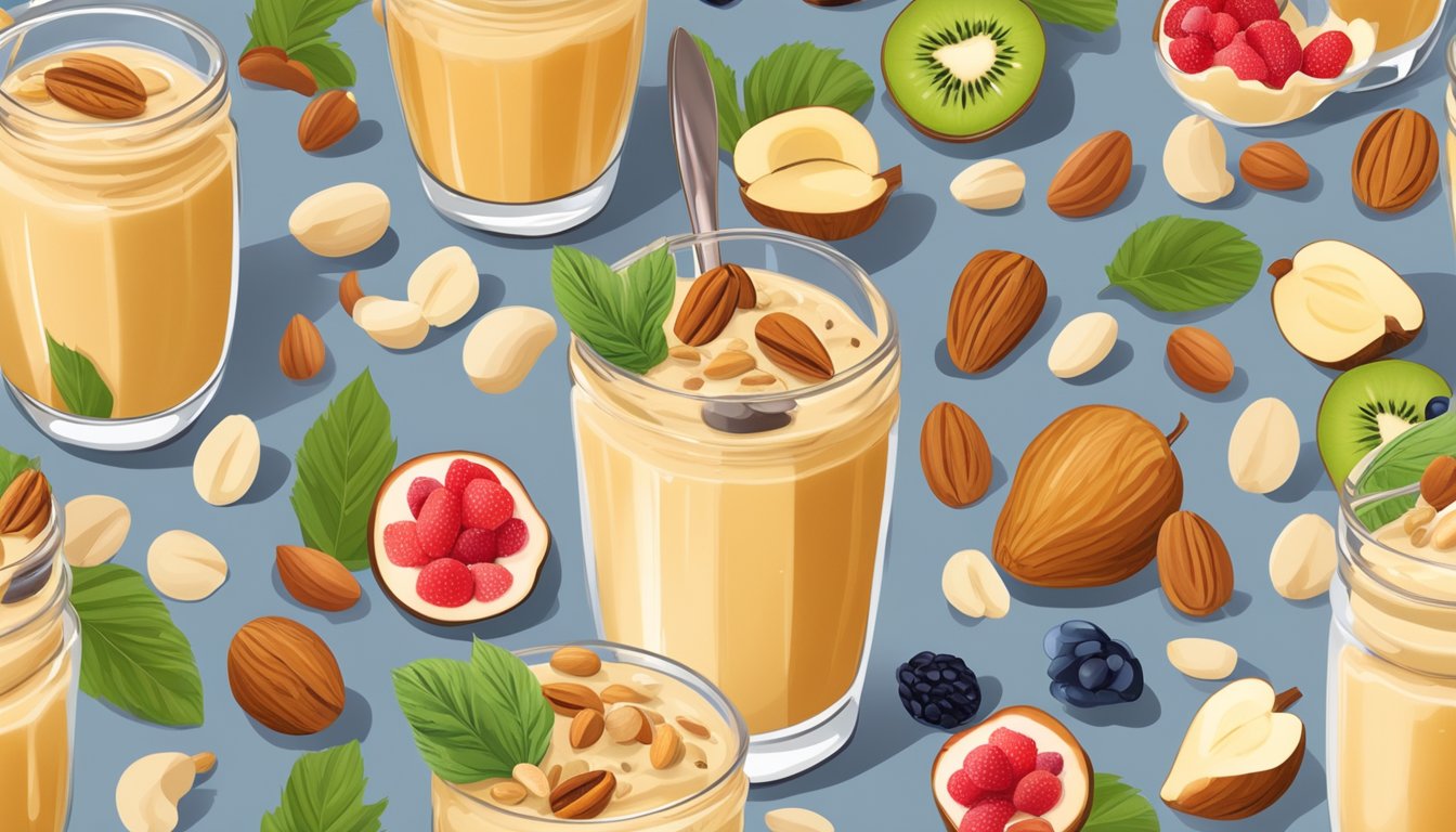 A glass filled with a creamy nut butter smoothie surrounded by fresh fruits and nuts, with a spoon resting on the side