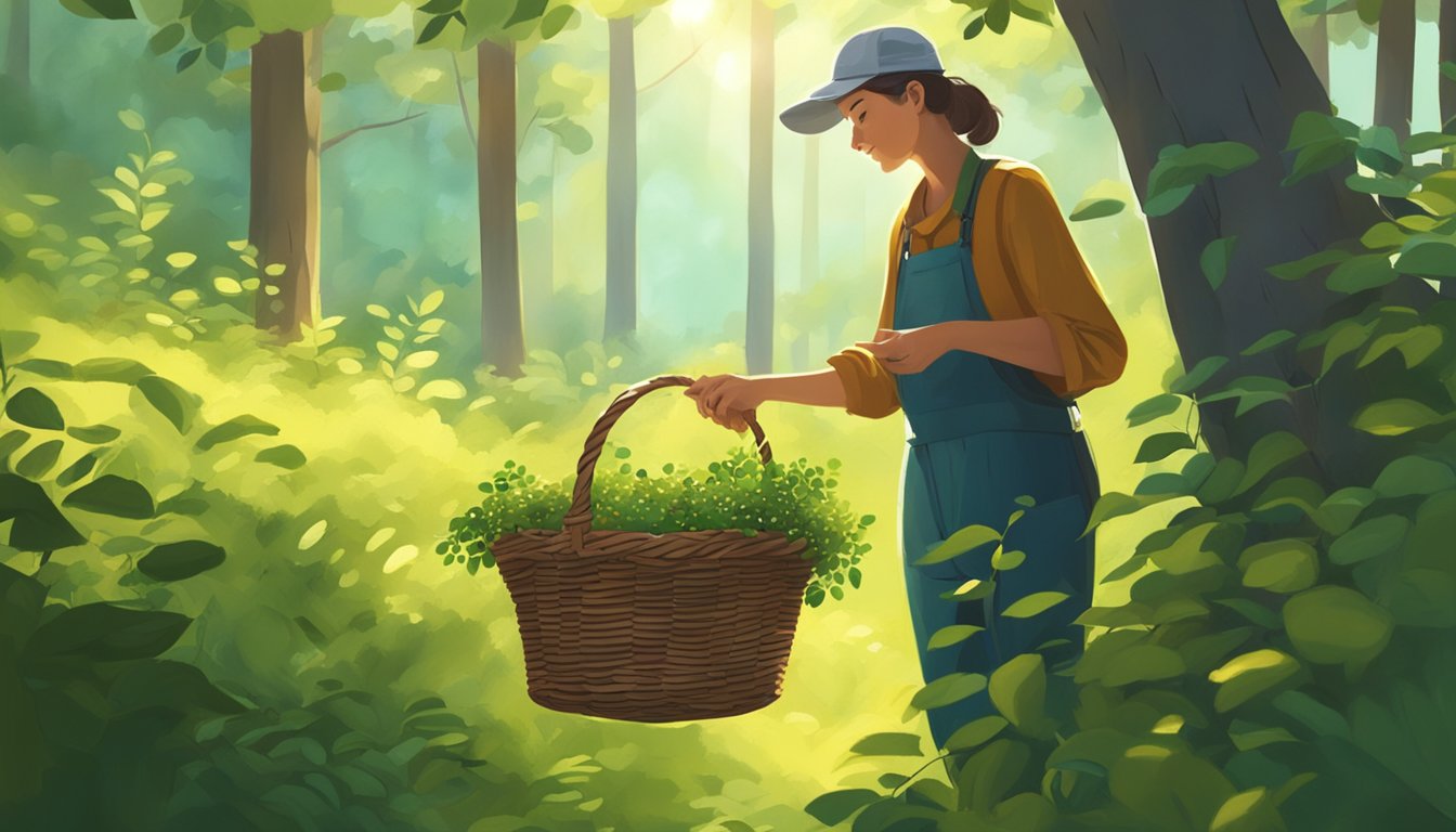 A person uses a basket to collect wild gallberries from bushes in a lush forest, surrounded by greenery and sunlight filtering through the trees