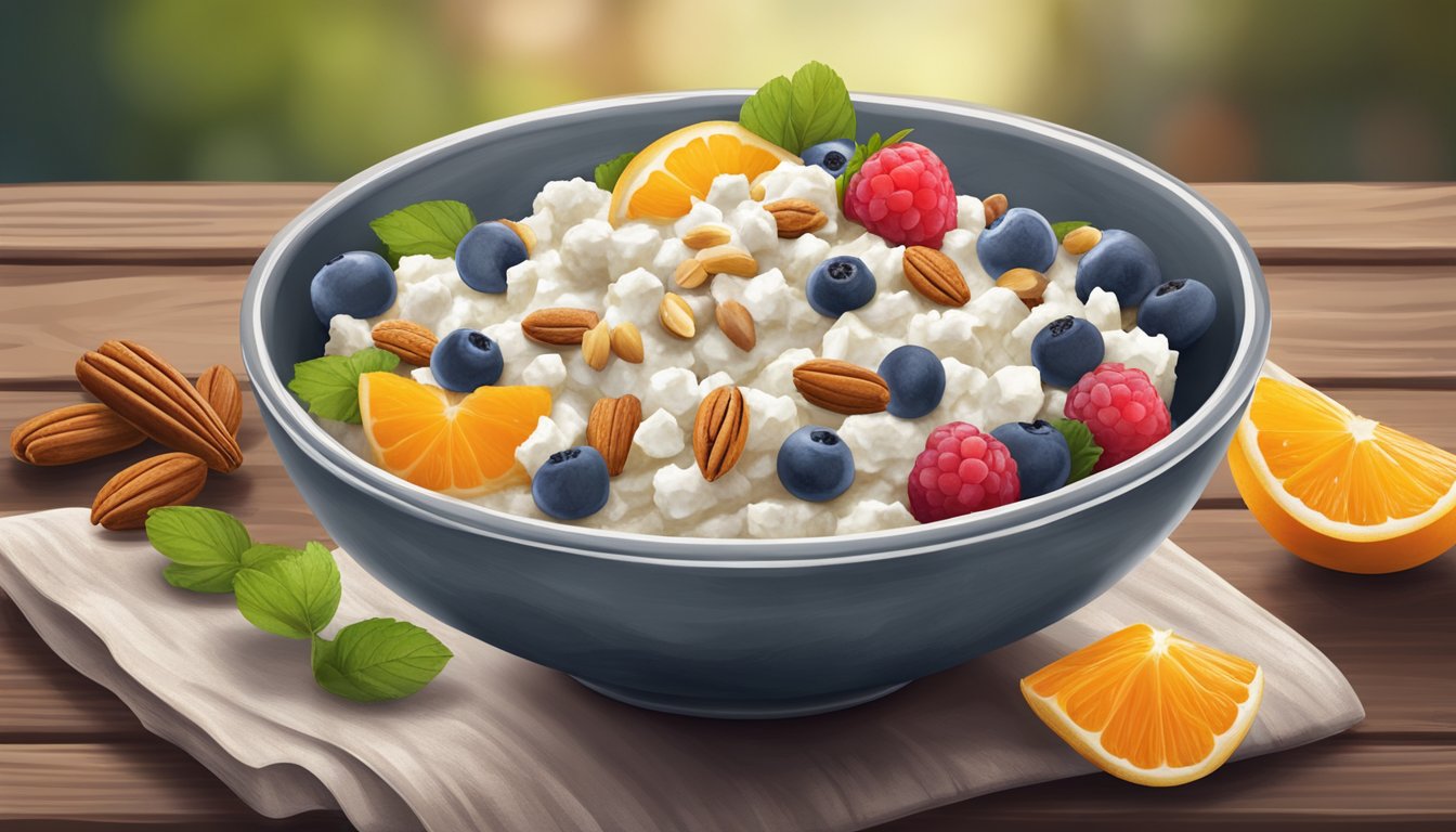 A bowl of spiced cottage cheese topped with fresh fruit and nuts on a rustic wooden table