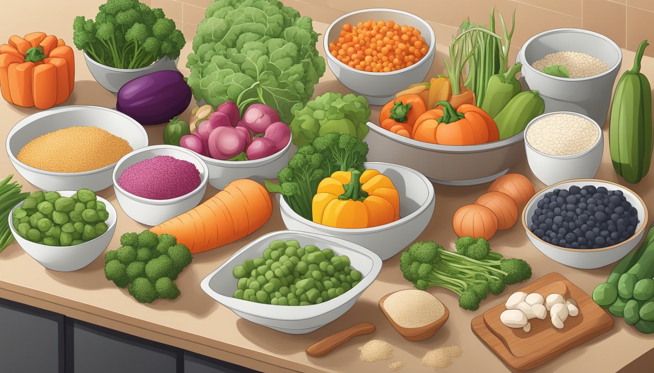 A colorful array of fresh vegetables, lean proteins, and whole grains arranged on a clean, well-lit kitchen counter