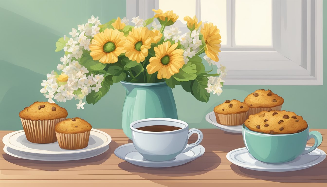 A table set with a plate of low-carb zucchini muffins, a cup of coffee, and a vase of fresh flowers