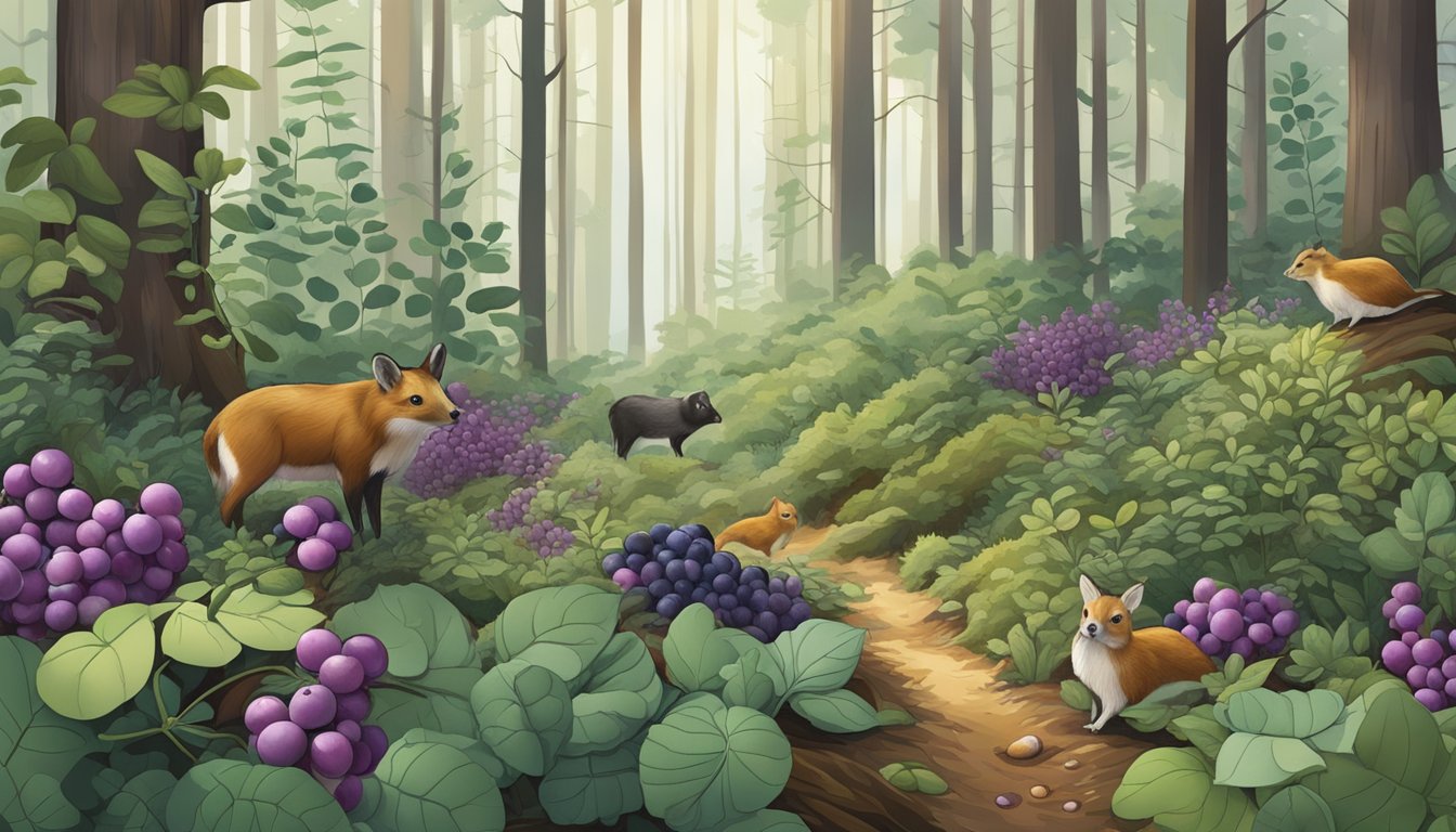 A forest floor with scattered gallberry bushes, ripe purple berries, and foraging animals