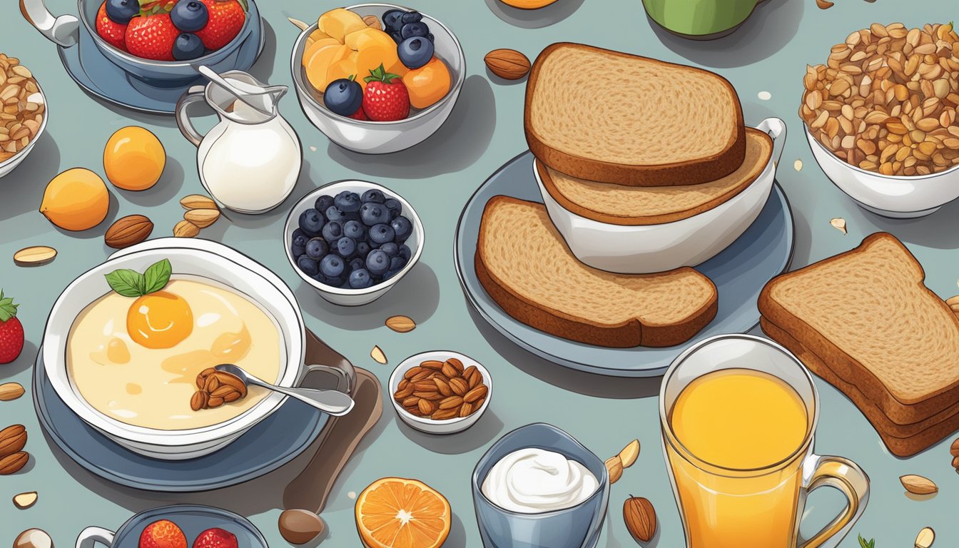 A colorful array of fruits, yogurt, nuts, and whole grain toast arranged on a table. A steaming cup of herbal tea completes the inviting breakfast spread