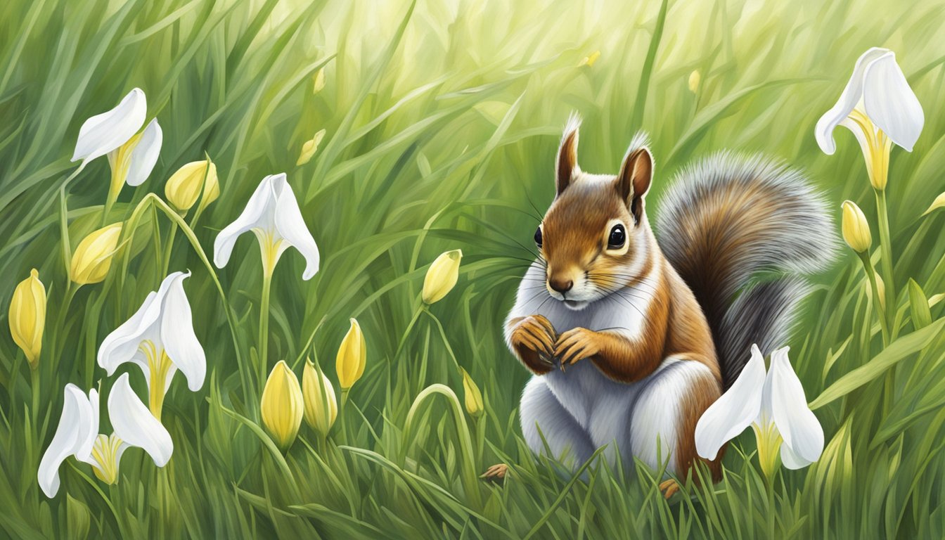 A squirrel foraging for wild sego lily bulbs in a grassy meadow