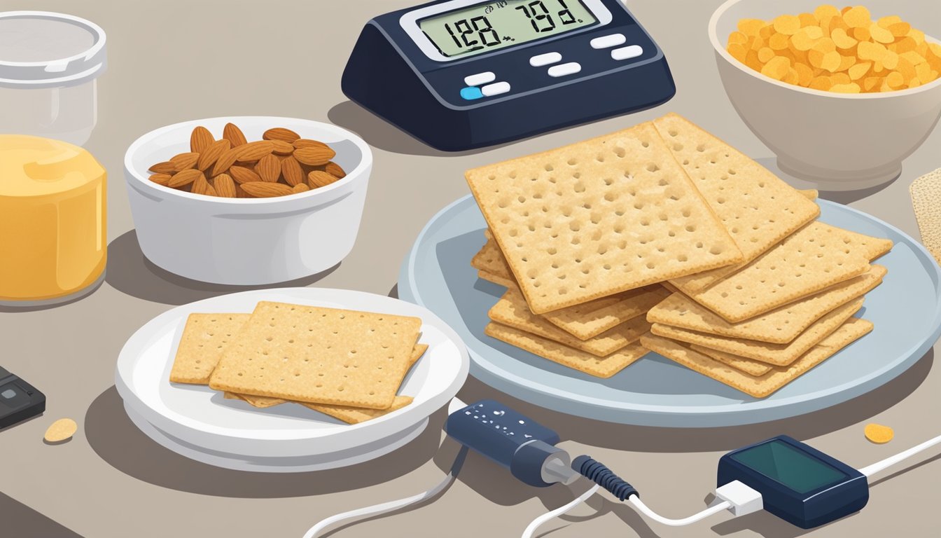 A plate of almond flour crackers with a variety of toppings, next to a blood sugar monitor showing a steady reading