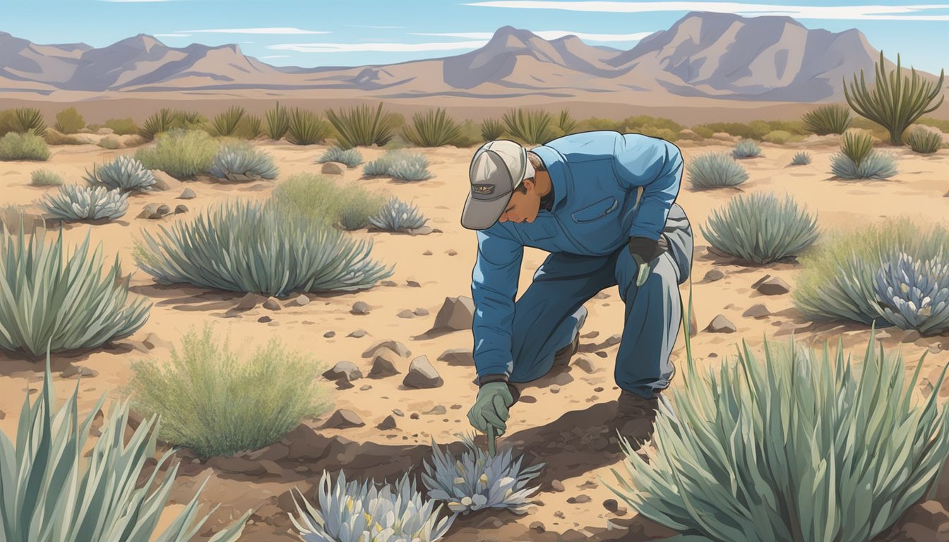 A person carefully digs up sego lily bulbs from the dry, rocky soil, surrounded by sagebrush and other desert plants