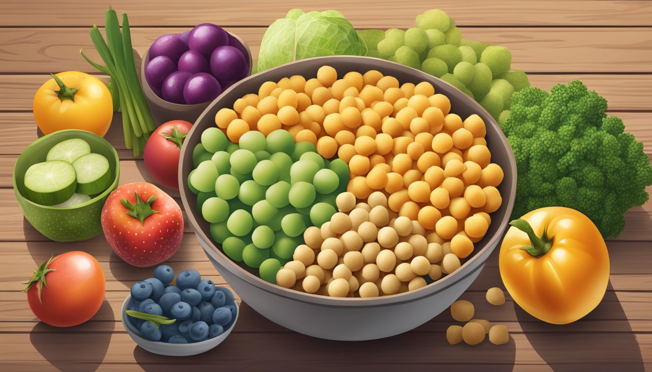 A bowl of Hippeas Chickpea Puffs surrounded by a variety of colorful fruits and vegetables on a wooden table