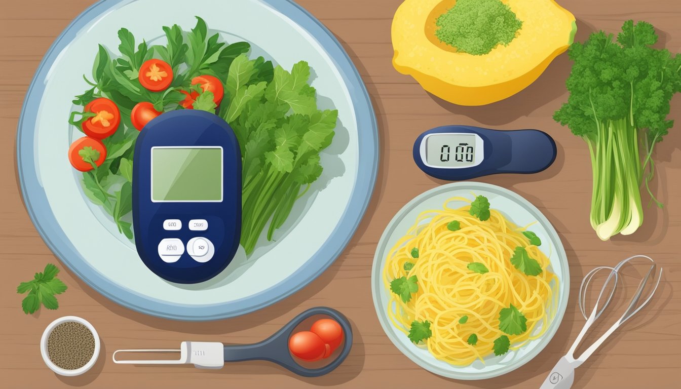 A colorful plate of spaghetti squash primavera with fresh vegetables and herbs, next to a blood glucose monitor showing balanced levels