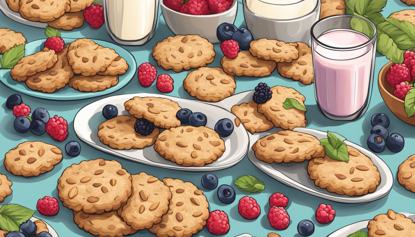 A table with a variety of Lenny & Larry's Keto Cookies surrounded by fresh berries and a glass of almond milk