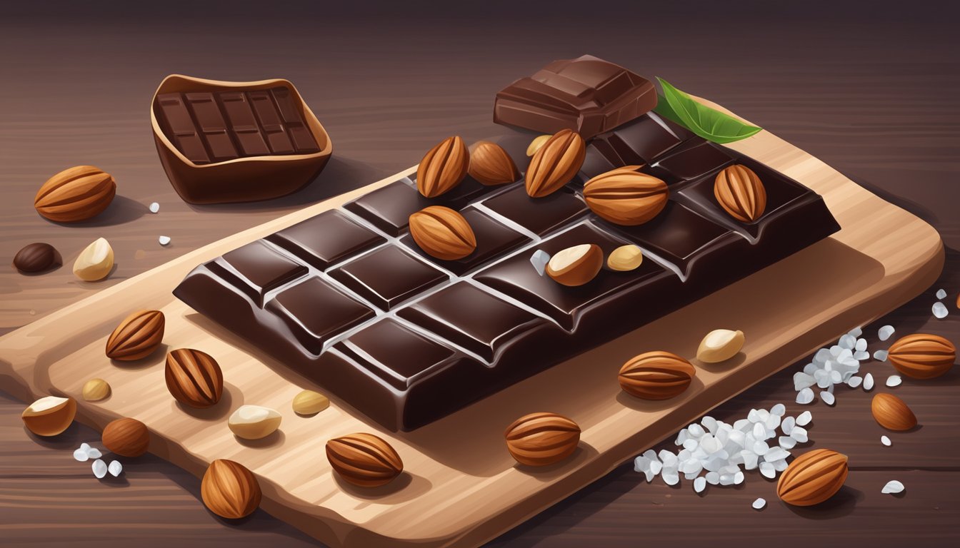 A dark chocolate bar with nuts and sea salt sits on a wooden table, surrounded by scattered nuts and a sprinkle of sea salt