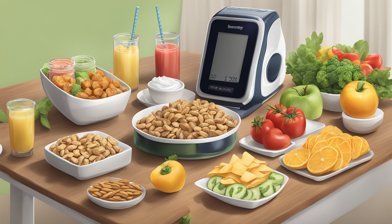 A table with Sargento Balanced Breaks snacks surrounded by a blood sugar monitor and healthy food options