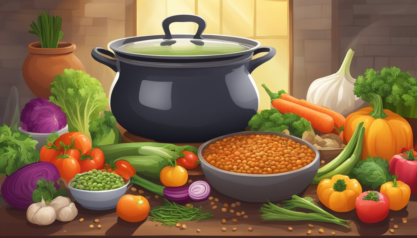 A steaming pot of lentil and vegetable stew, surrounded by colorful and vibrant fresh produce, with a warm and inviting atmosphere