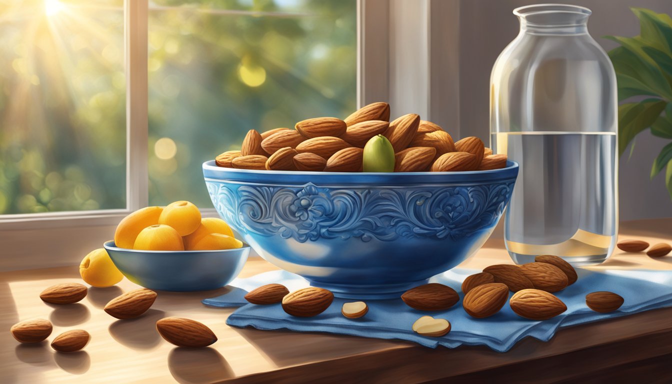 A bowl of Blue Diamond Almonds sits on a table, surrounded by fresh fruit and a glass of water. The sunlight streams in through a nearby window, casting a warm glow on the scene