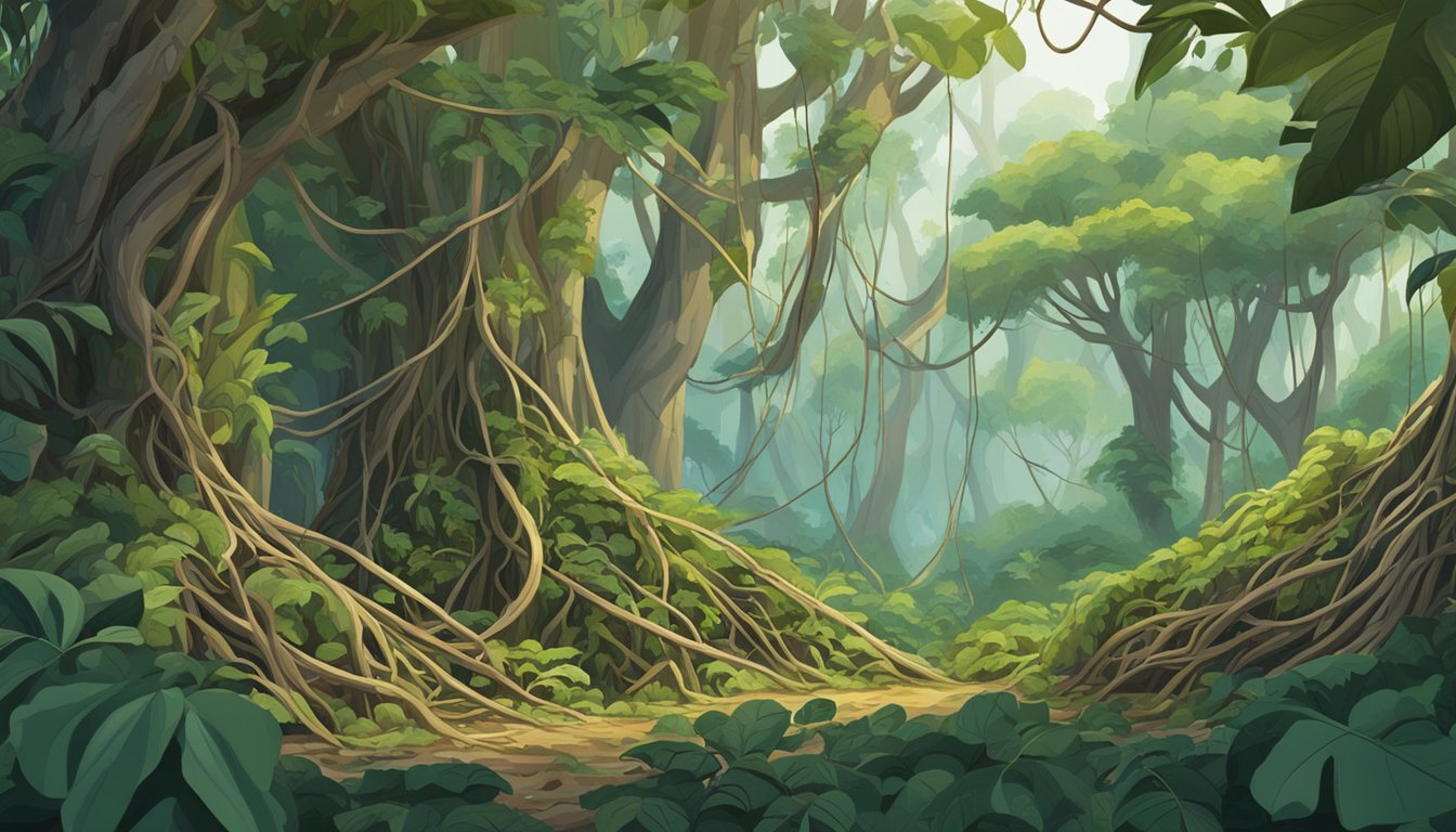 A dense forest floor with tangled vines and ripe strangler figs hanging from the trees