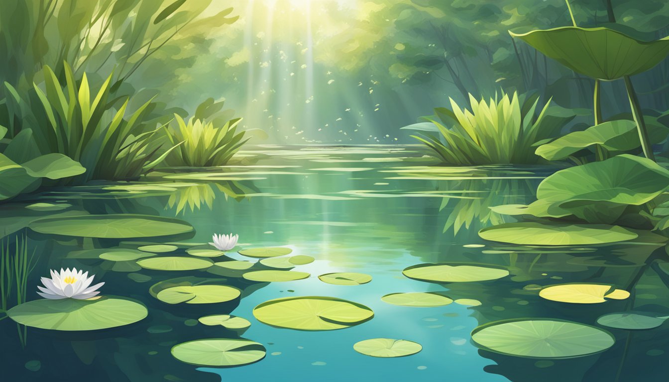 Sunlight filters through dense foliage onto a tranquil pond. Water lilies bloom on the surface, surrounded by lush greenery and delicate aquatic plants