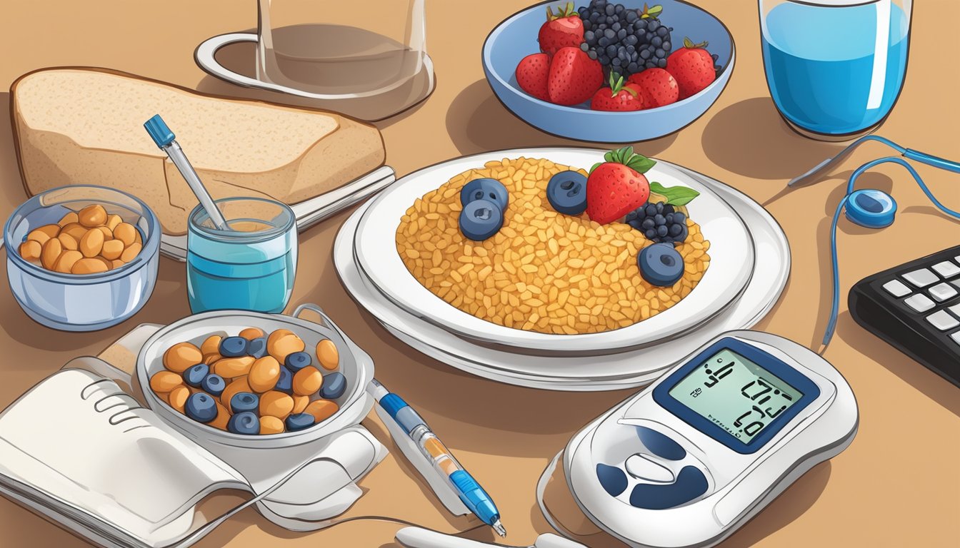 A table set with a balanced breakfast including whole grains, fruits, and protein. A glucometer and insulin pen sit nearby, symbolizing blood sugar control