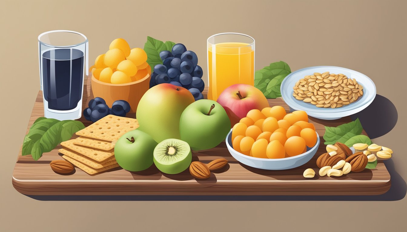 A table spread with an assortment of colorful fruits, nuts, and whole grain crackers, arranged neatly on a wooden cutting board, with a glass of water nearby