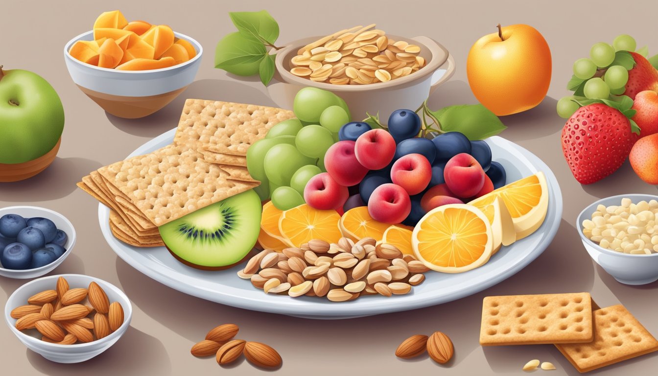 A colorful plate with a variety of diabetes-friendly snacks, including fruits, nuts, and whole grain crackers, arranged in a balanced and appetizing manner