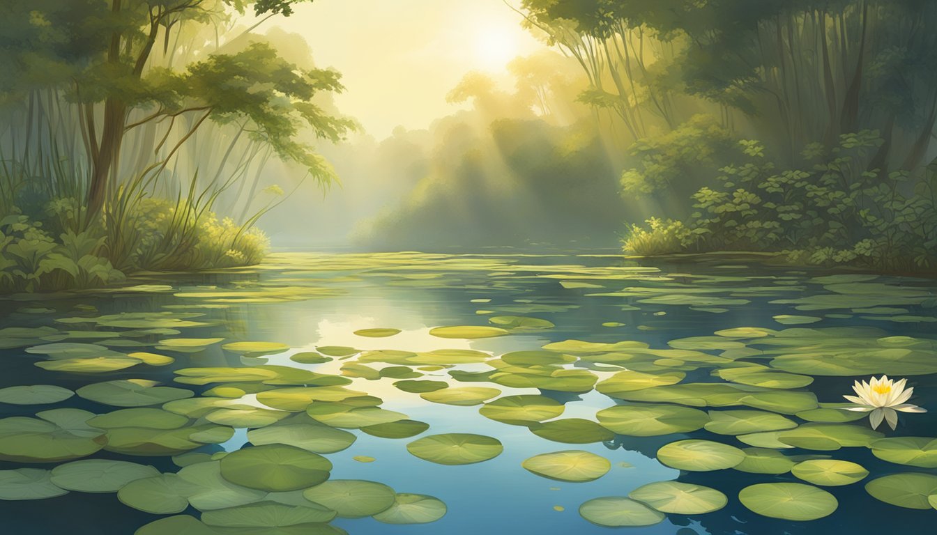 Sunlight filters through the dense foliage, illuminating a serene pond where wild water lilies float on the surface. A variety of herbs and plants grow along the banks, providing a rich source of nutrition