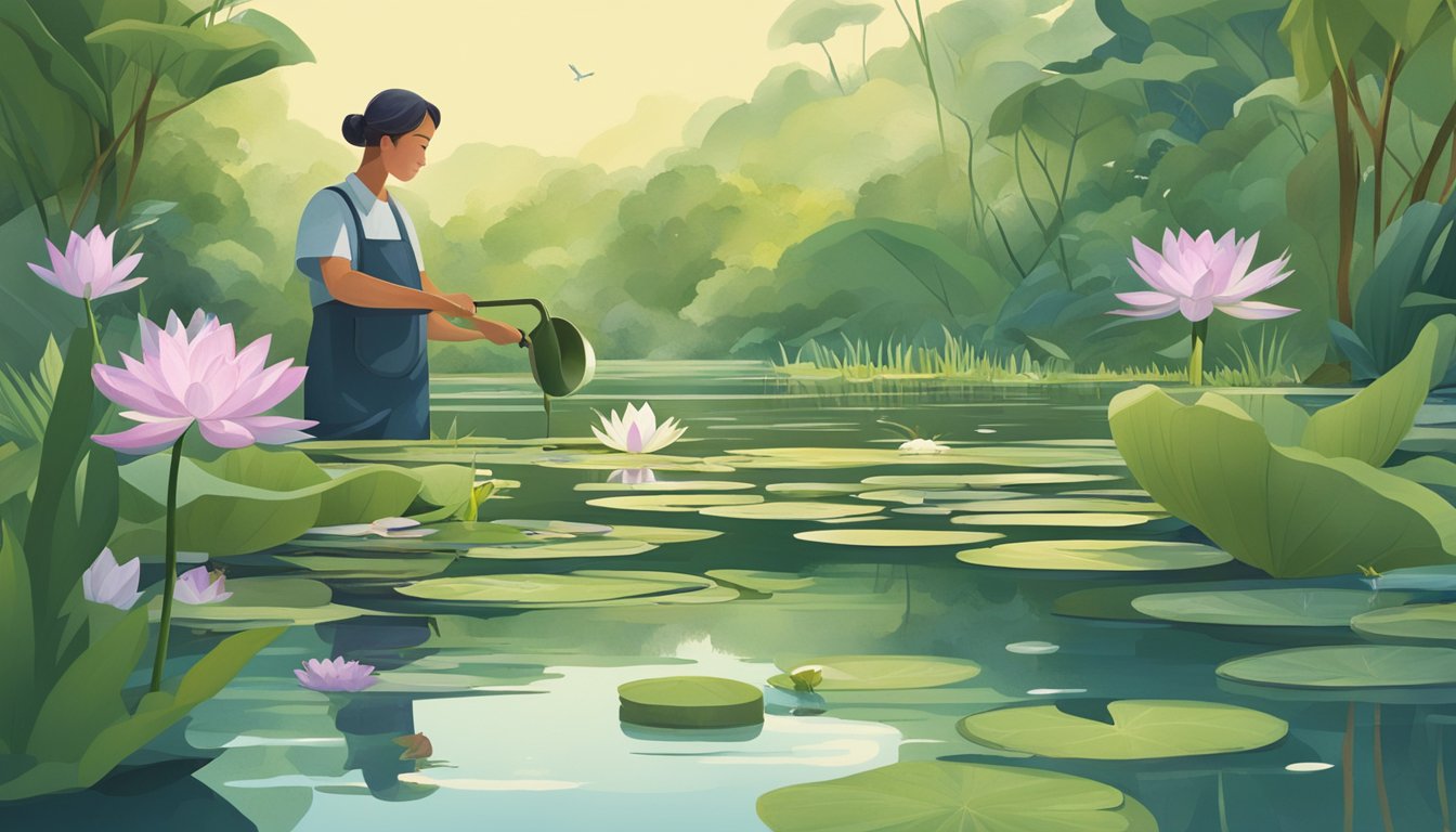 A tranquil pond with wild water lilies being carefully harvested by a figure using sustainable practices, surrounded by lush greenery and wildlife