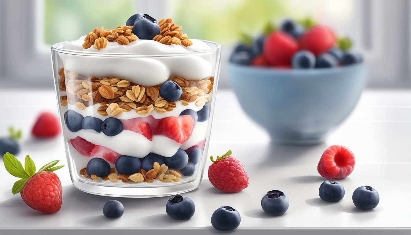 A glass parfait dish filled with layers of Greek yogurt, fresh berries, and granola, sitting on a white table