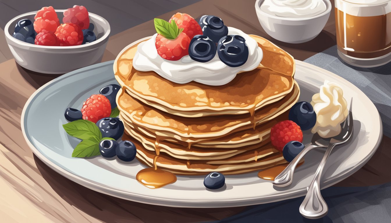 A stack of coconut flour pancakes drizzled with sugar-free syrup on a plate, accompanied by a side of fresh berries and a small dish of whipped cream