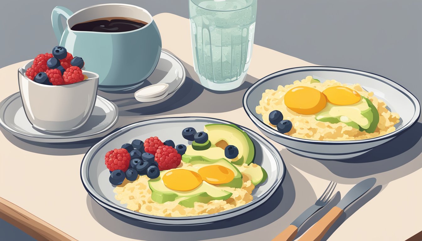 A breakfast table with a bowl of oatmeal topped with berries, a plate of scrambled eggs, a glass of water, and a side of sliced avocado