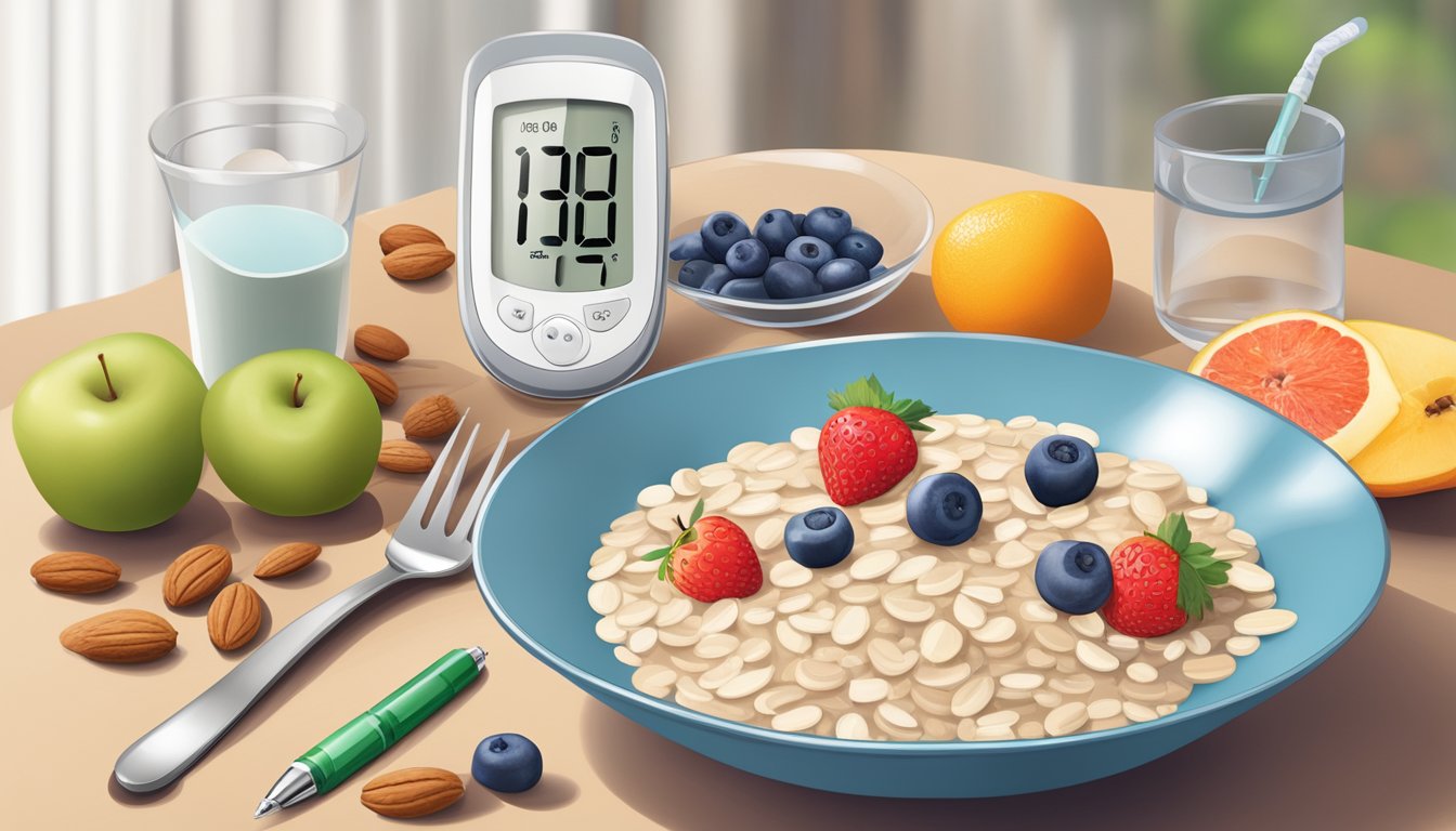 A table set with a bowl of oatmeal, fresh fruit, nuts, and a glass of water, with a blood glucose monitor and insulin pen nearby