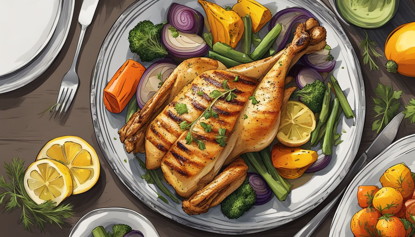 A sizzling grilled lemon herb chicken served with a colorful array of roasted vegetables on a stylish dinner plate