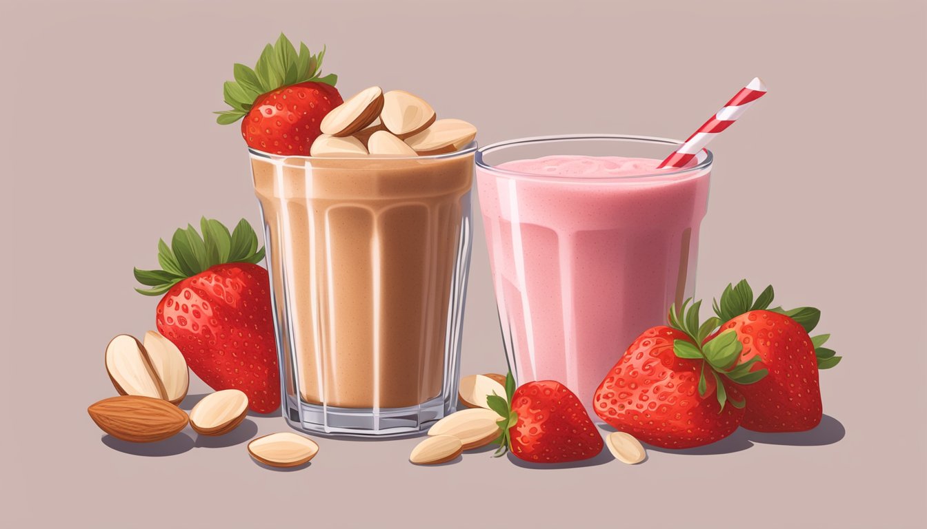 A glass filled with almond butter and strawberry smoothie surrounded by fresh strawberries and almonds