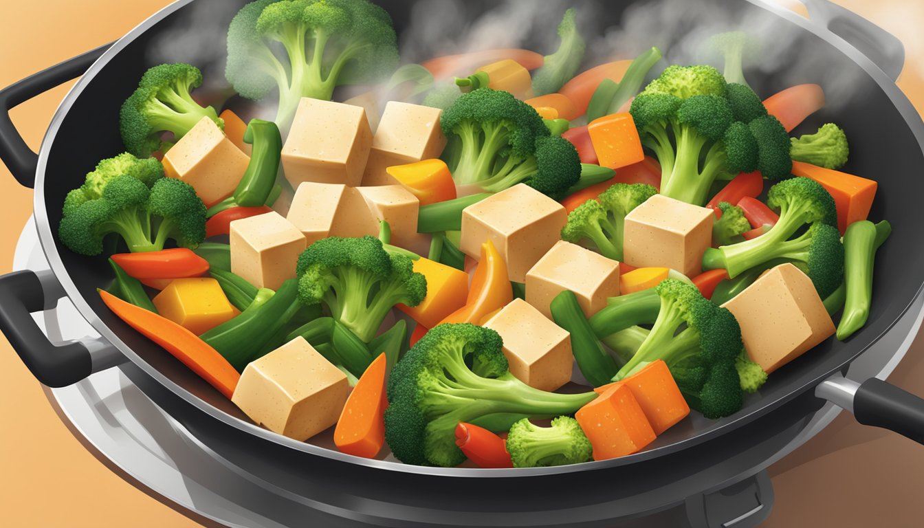 A colorful stir-fry sizzling in a hot wok, featuring cubes of tofu, broccoli, bell peppers, and carrots, with steam rising